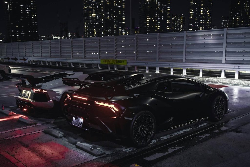 lamborghini supercars parked at night